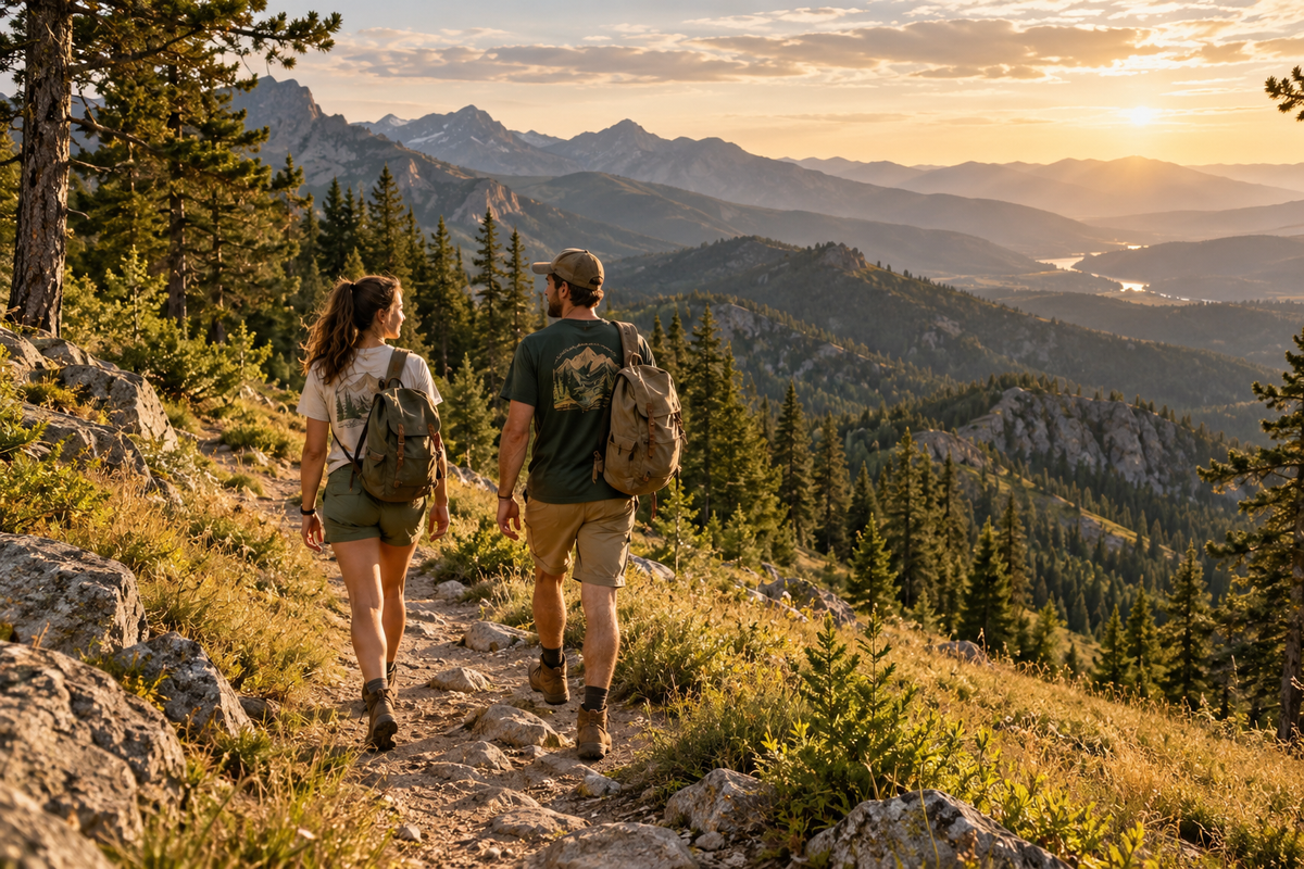 Two hikers wearing nature graphic T-shirts and backpacks on a sunlit mountain trail.