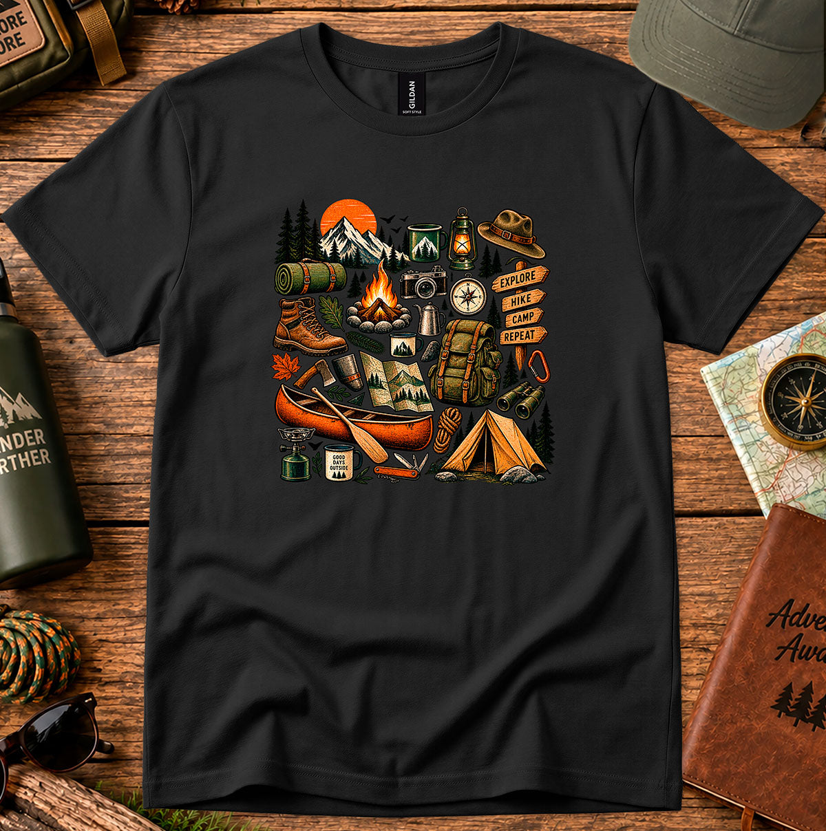 Camping Gear Collage T-Shirt — Outdoor Adventure Icons Tee