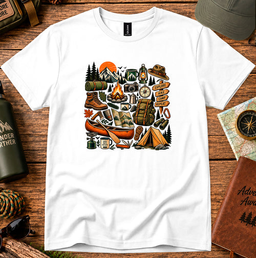 Camping Gear Collage T-Shirt — Outdoor Adventure Icons Tee