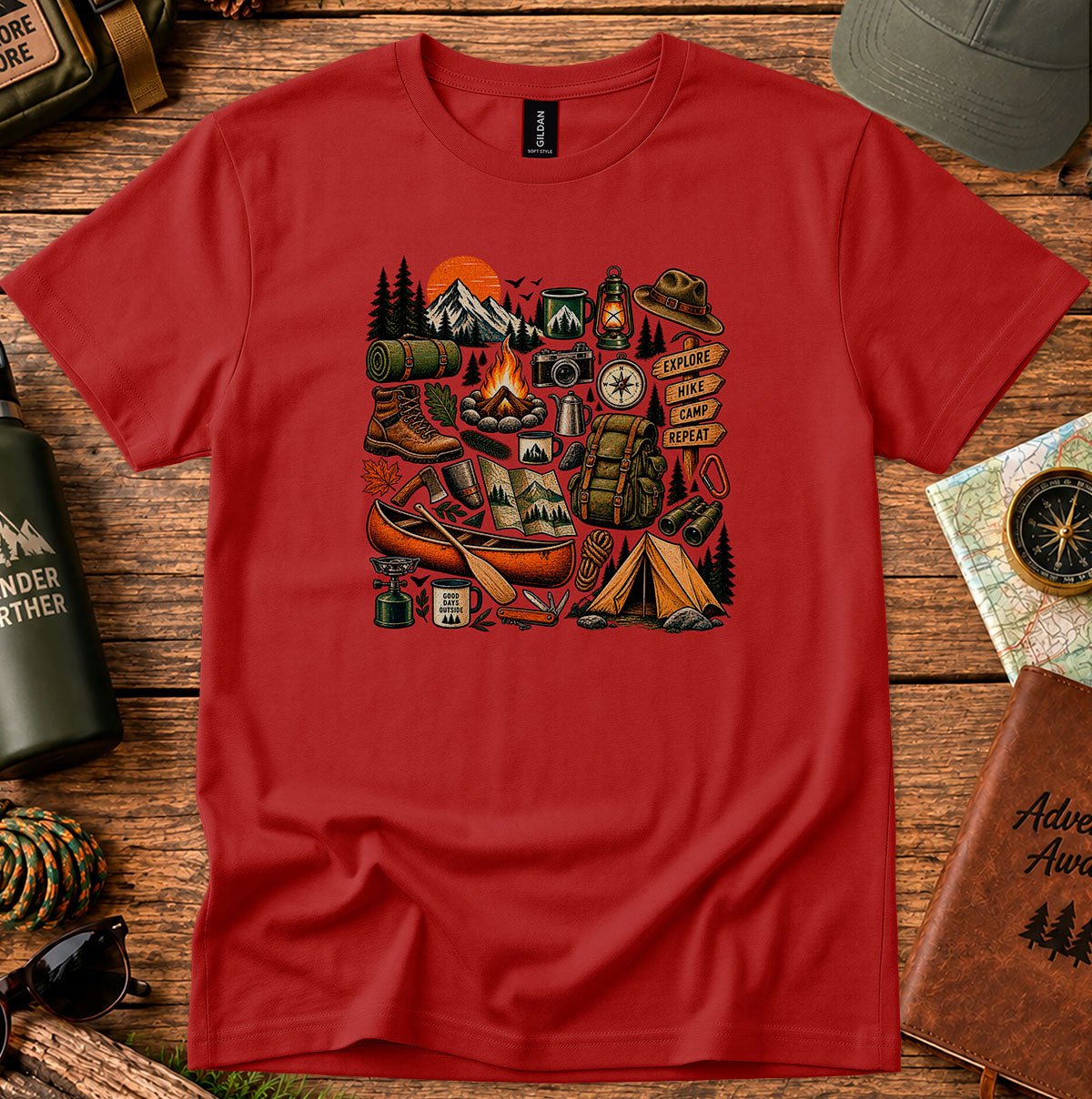 Camping Gear Collage T-Shirt — Outdoor Adventure Icons Tee