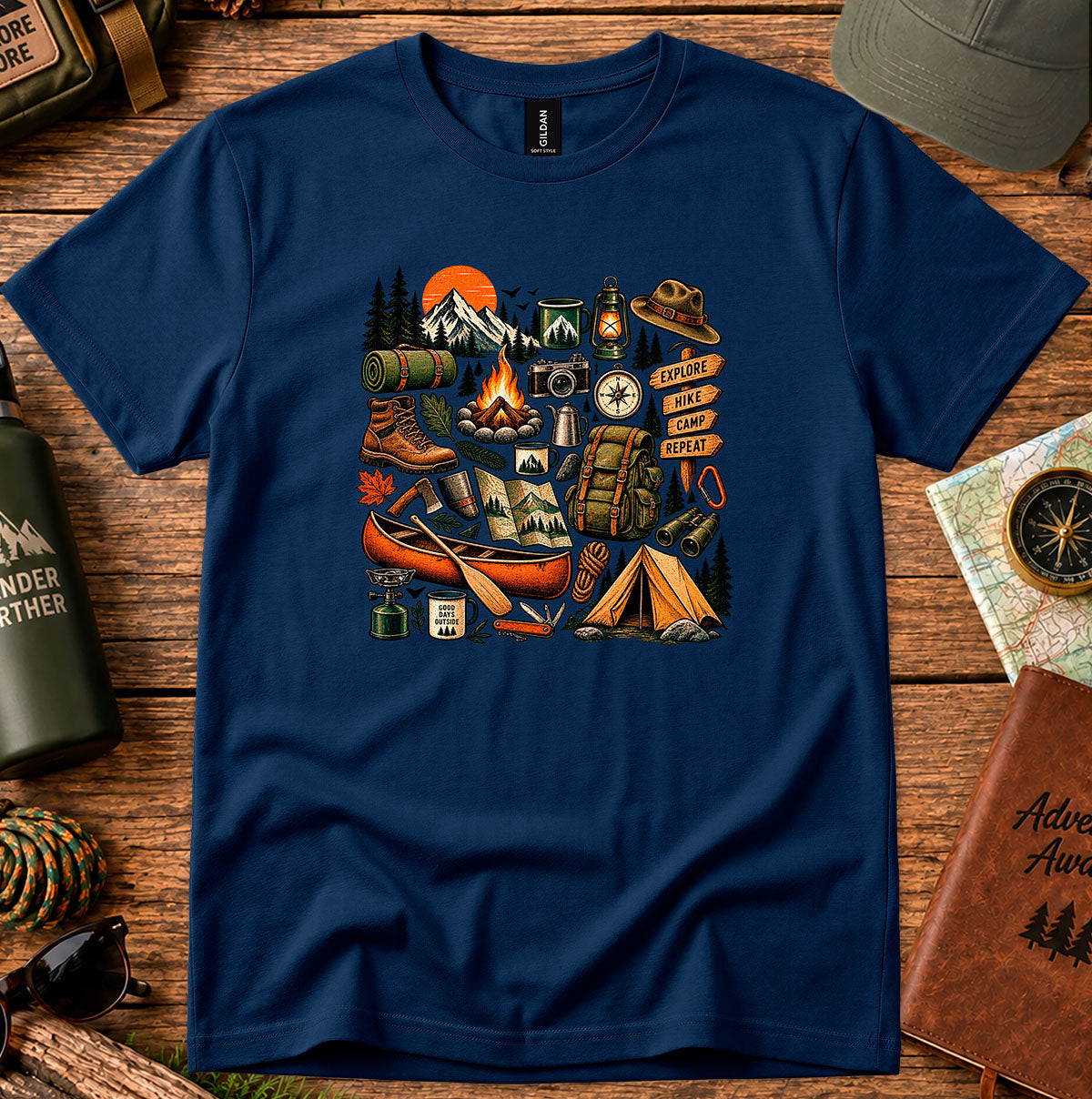 Camping Gear Collage T-Shirt — Outdoor Adventure Icons Tee