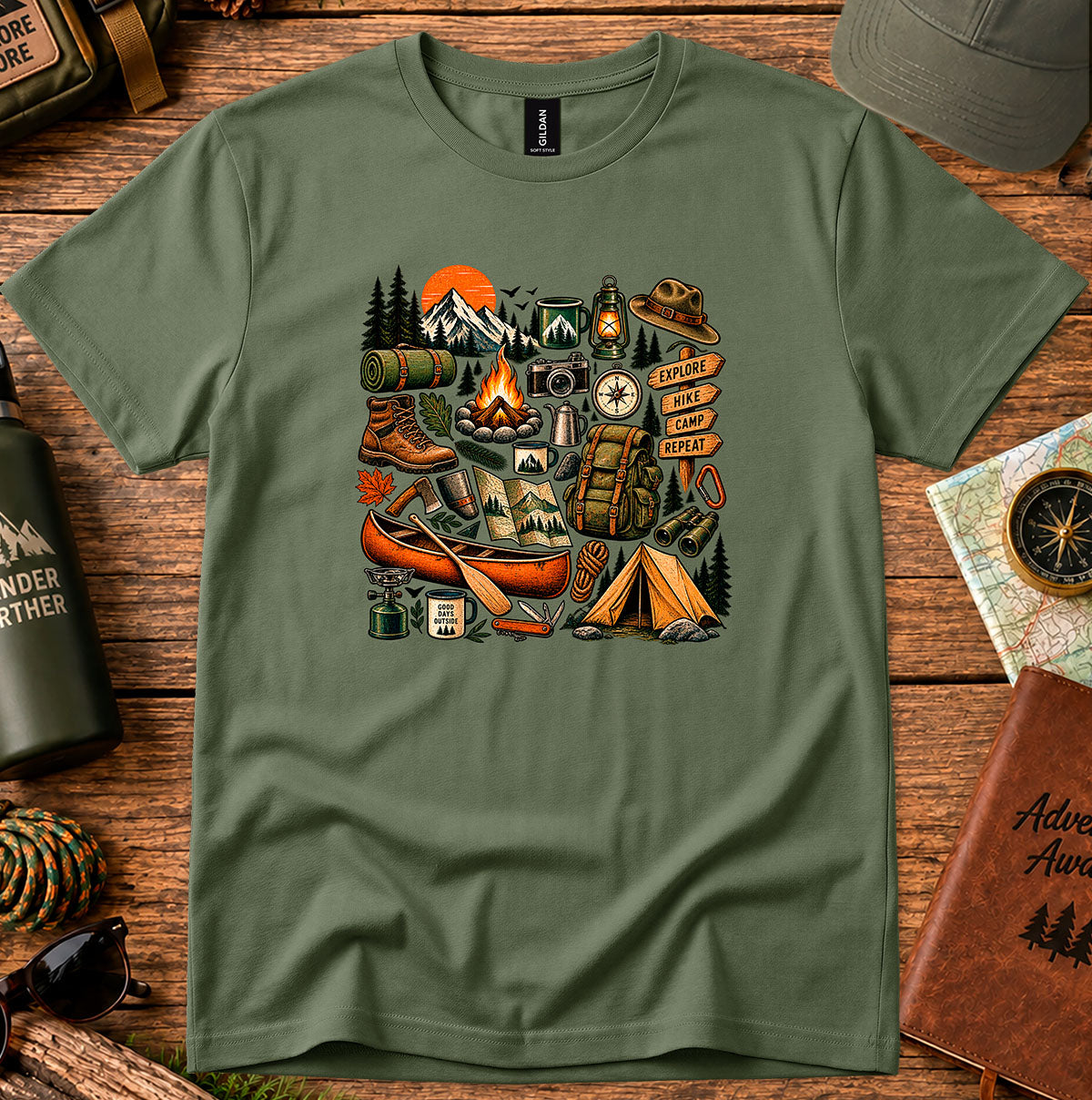 Camping Gear Collage T-Shirt — Outdoor Adventure Icons Tee