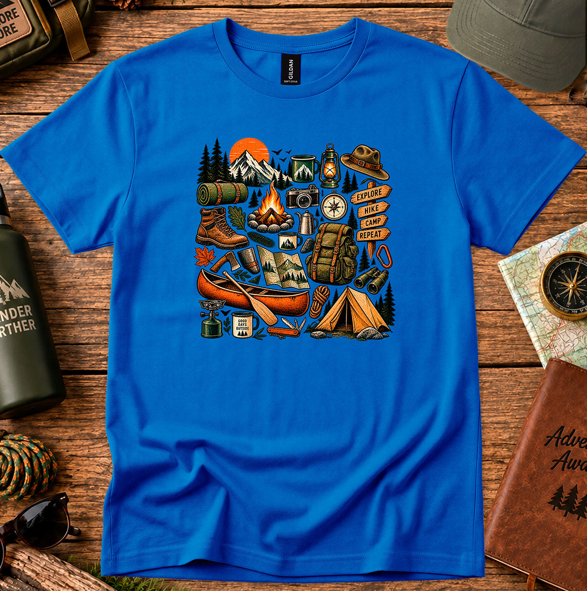 Camping Gear Collage T-Shirt — Outdoor Adventure Icons Tee