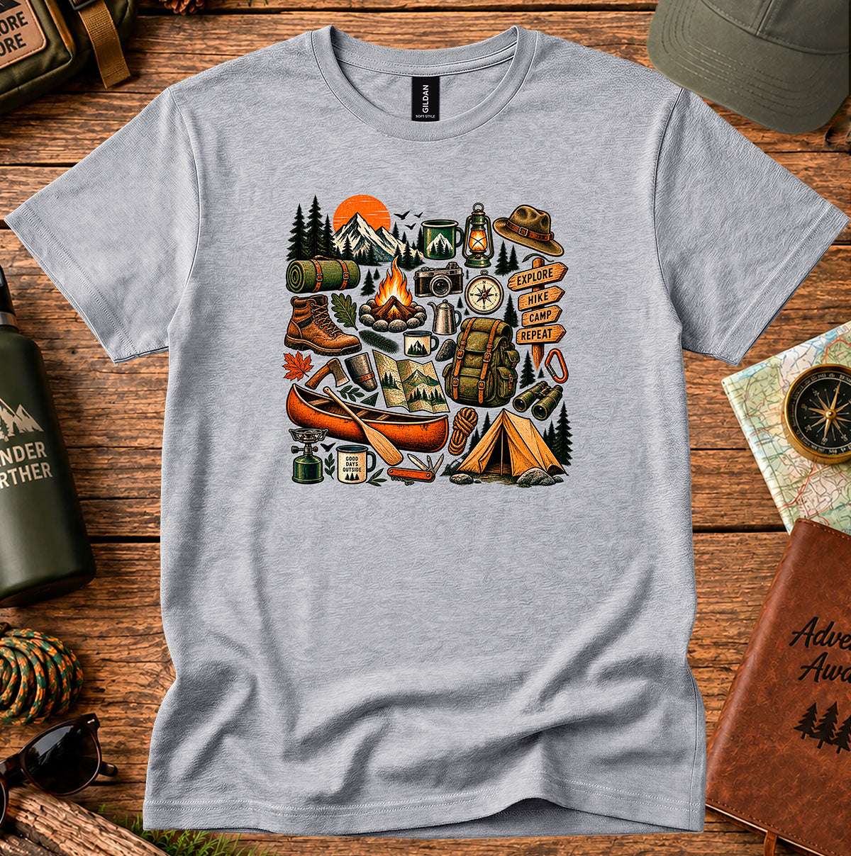 Camping Gear Collage T-Shirt — Outdoor Adventure Icons Tee