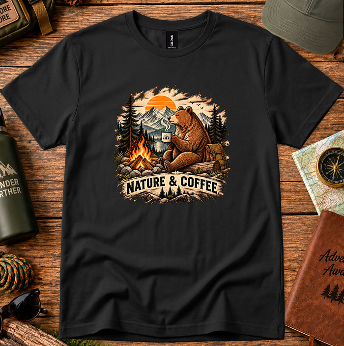 Nature & Coffee Bear T-Shirt — Camping Campfire Graphic Tee