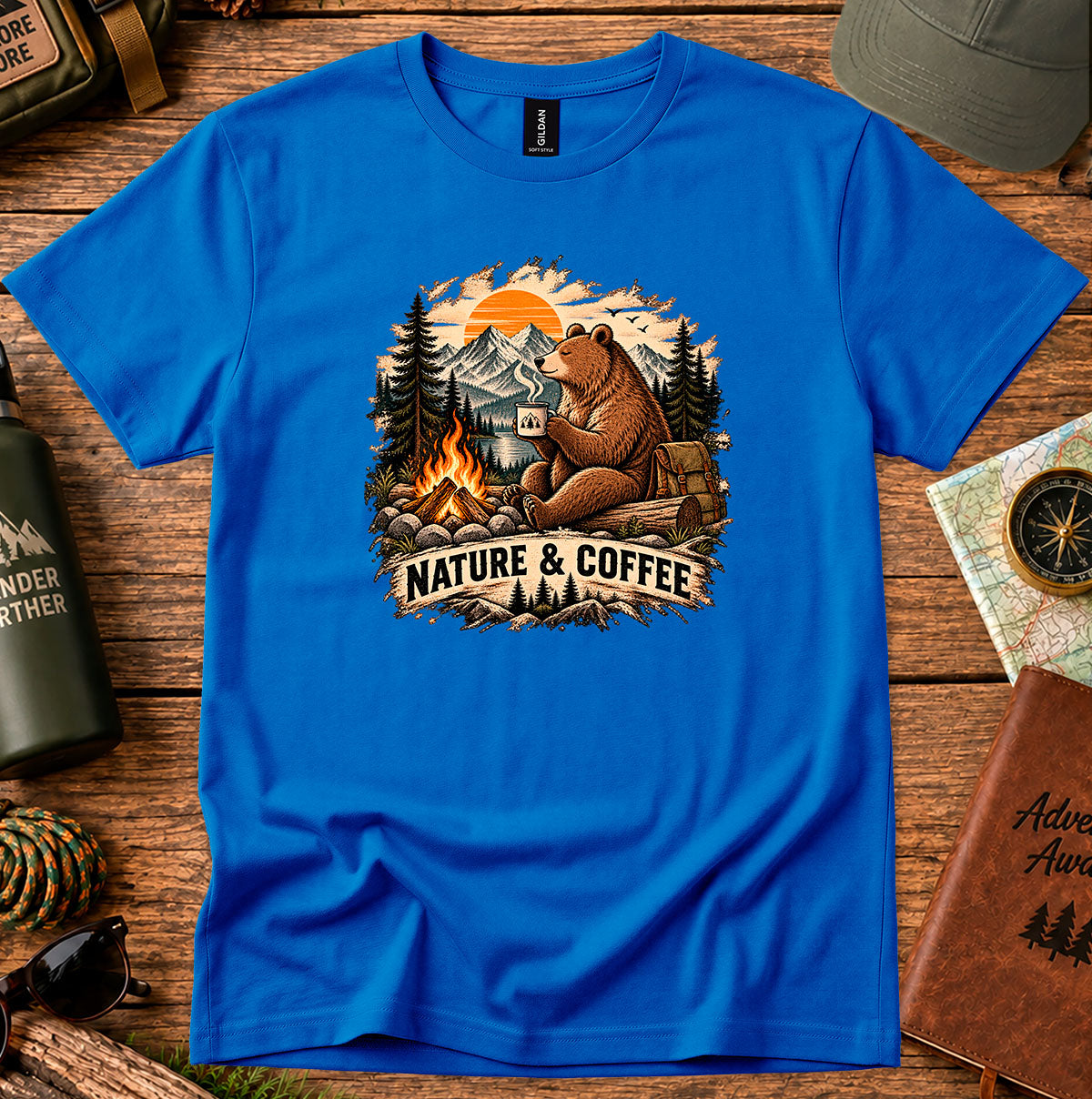 Nature & Coffee Bear T-Shirt — Camping Campfire Graphic Tee