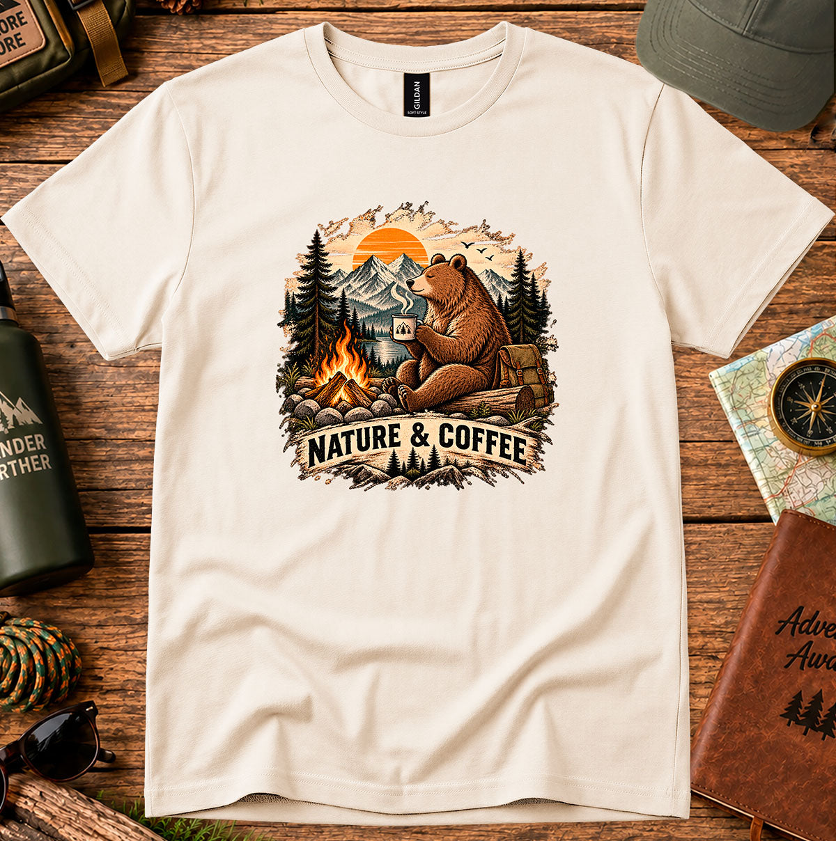 Nature & Coffee Bear T-Shirt — Camping Campfire Graphic Tee