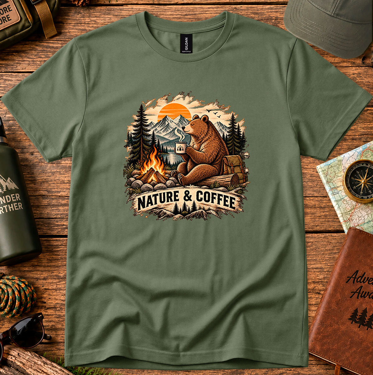 Nature & Coffee Bear T-Shirt — Camping Campfire Graphic Tee