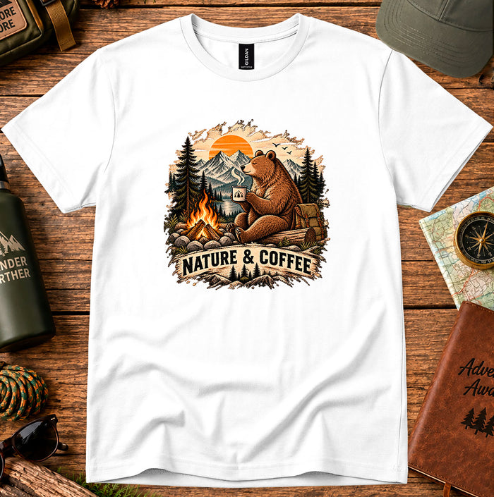 Nature & Coffee Bear T-Shirt — Camping Campfire Graphic Tee