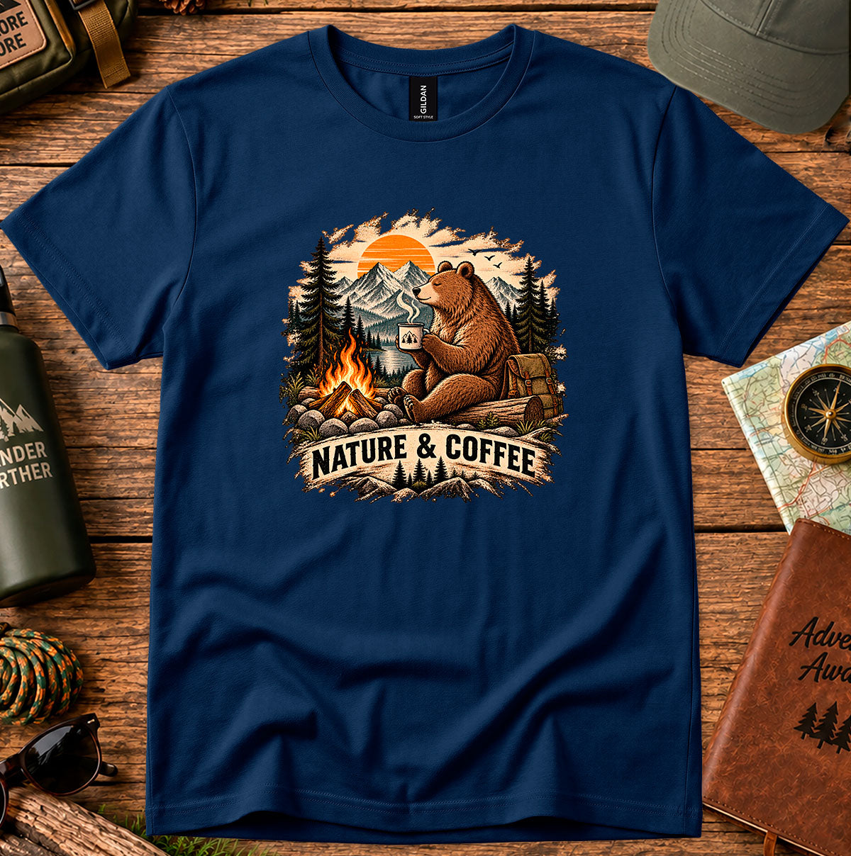 Nature & Coffee Bear T-Shirt — Camping Campfire Graphic Tee