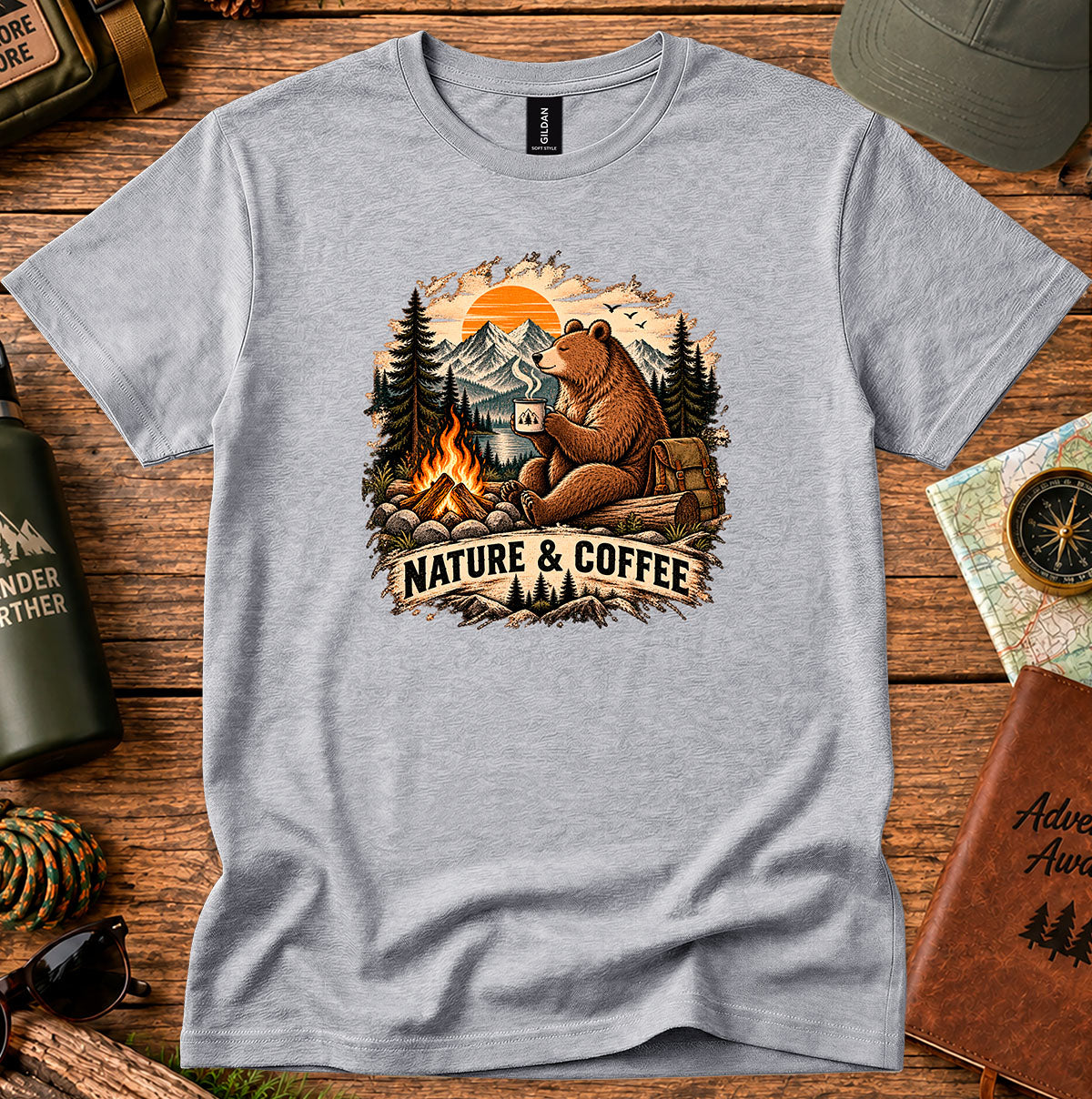Nature & Coffee Bear T-Shirt — Camping Campfire Graphic Tee