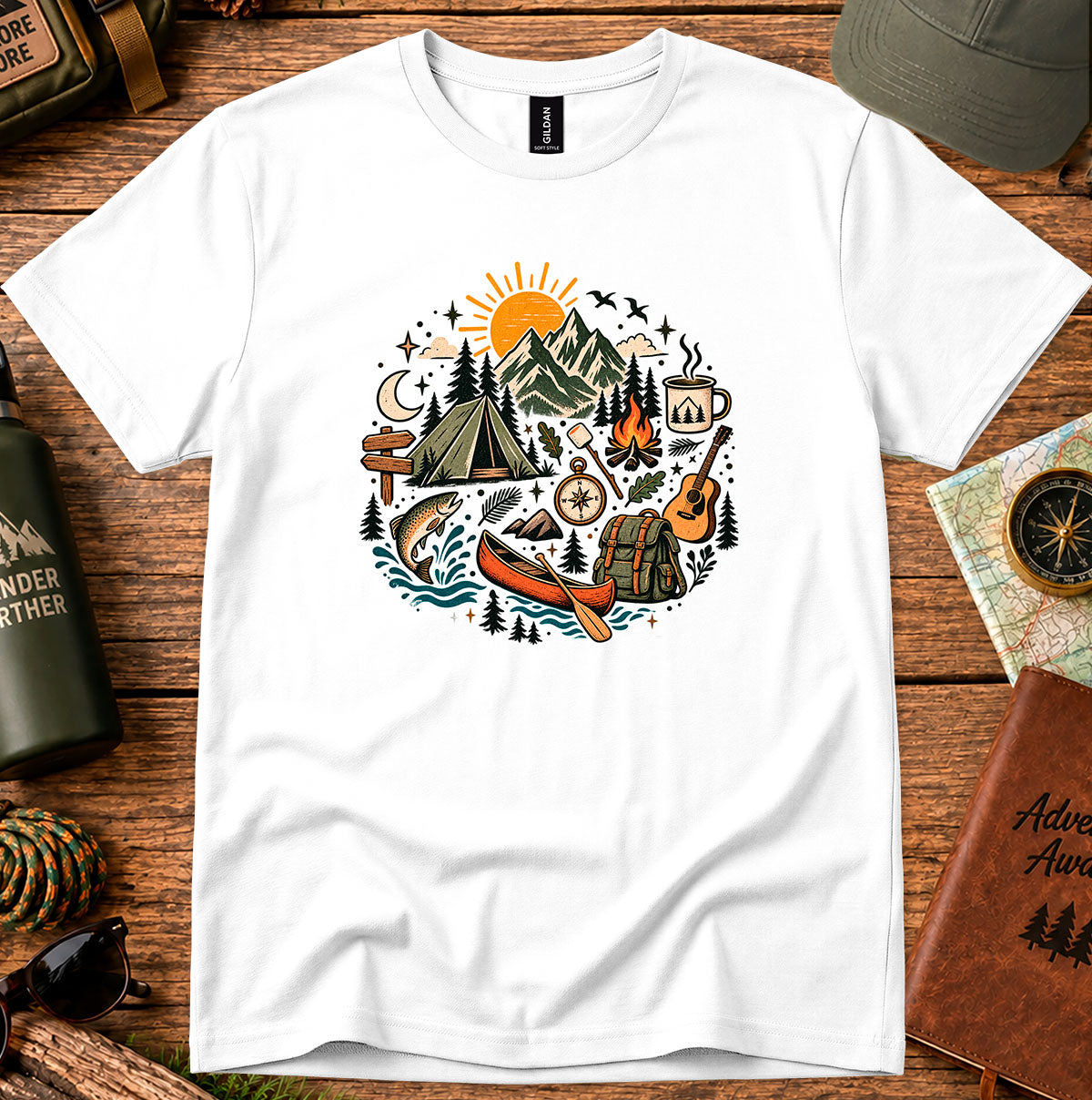 Camping Adventure T-Shirt — Mountains, Campfire & Outdoors Graphic