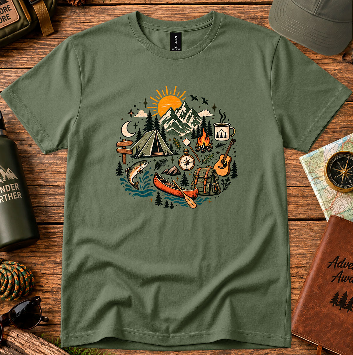 Camping Adventure T-Shirt — Mountains, Campfire & Outdoors Graphic