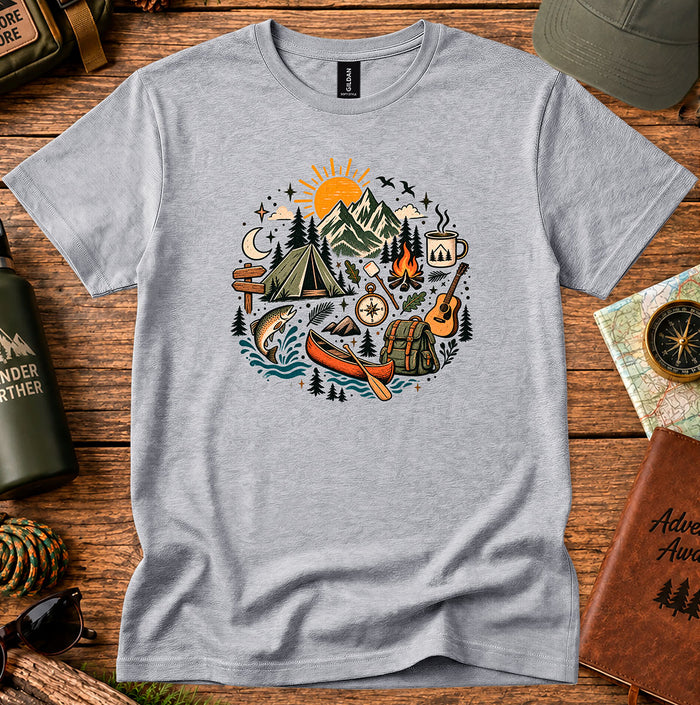 Camping Adventure T-Shirt — Mountains, Campfire & Outdoors Graphic