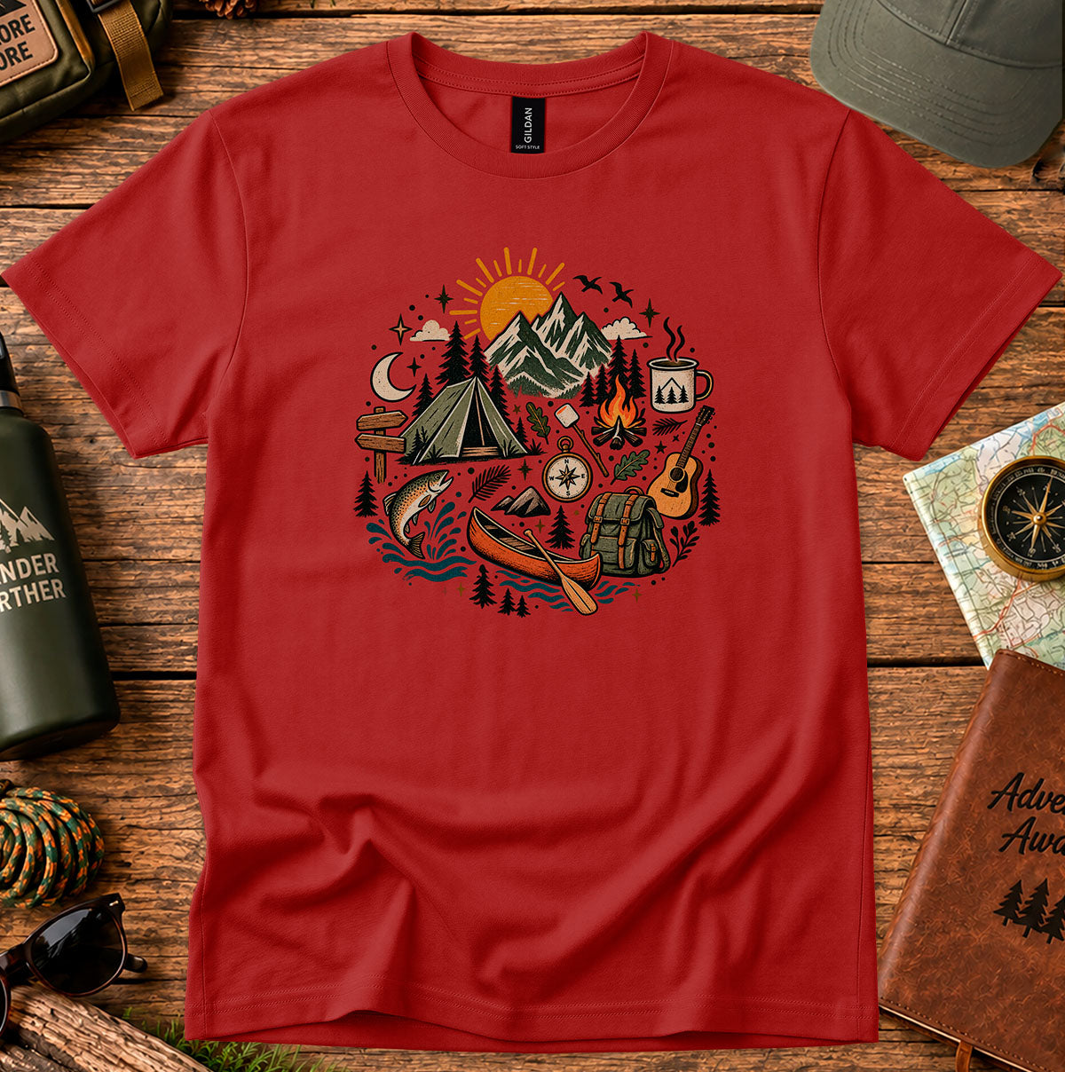 Camping Adventure T-Shirt — Mountains, Campfire & Outdoors Graphic