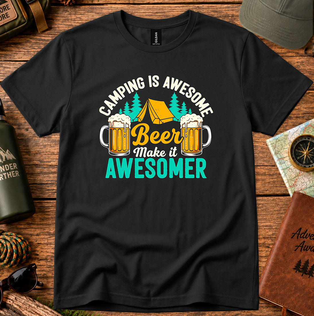 T-shirt featuring a retro camping badge with beer mugs and pine silhouettes