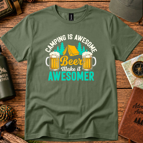 T-shirt featuring a retro camping badge with beer mugs and pine silhouettes