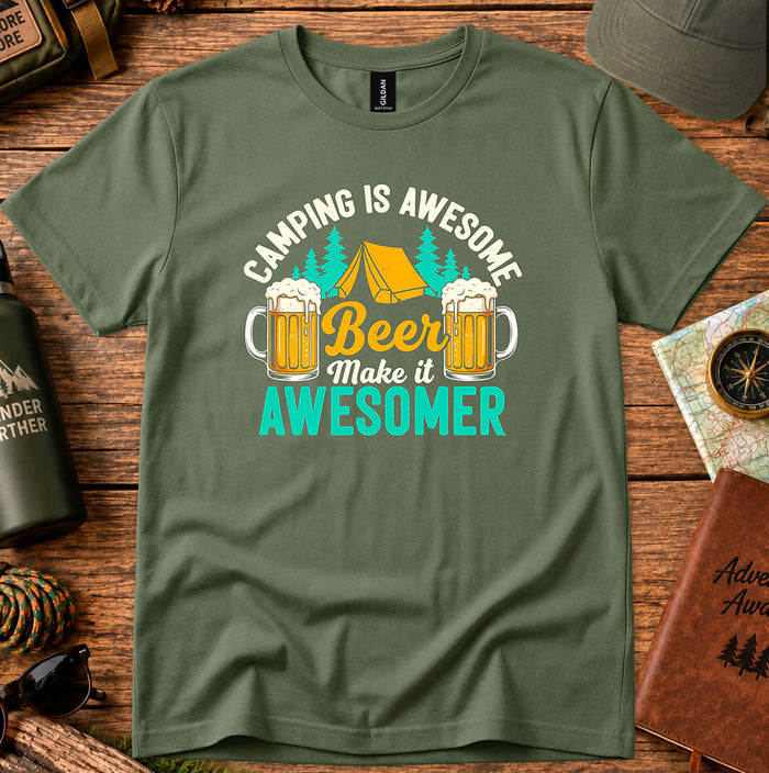 T-shirt featuring a retro camping badge with beer mugs and pine silhouettes