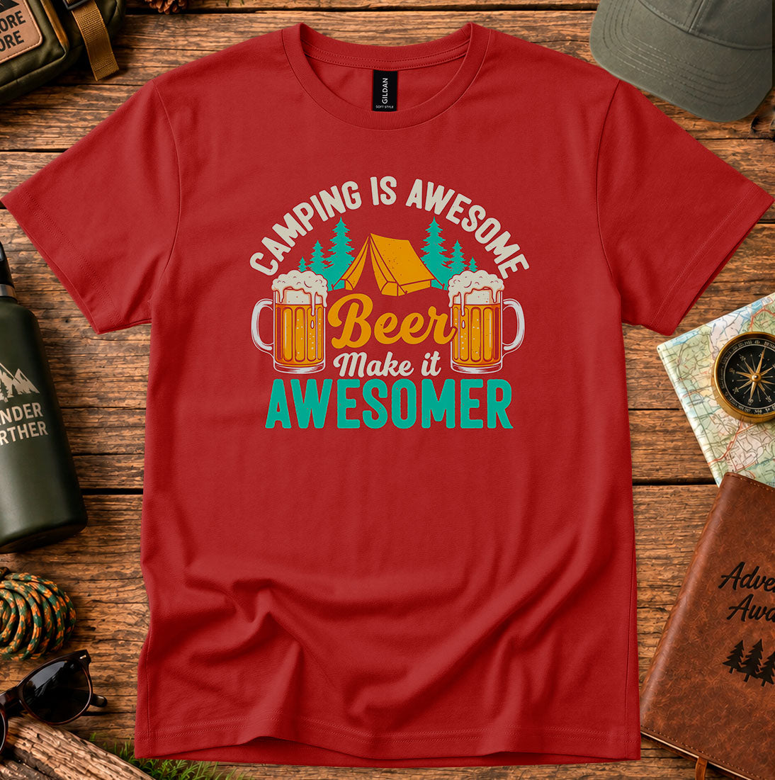 T-shirt featuring a retro camping badge with beer mugs and pine silhouettes