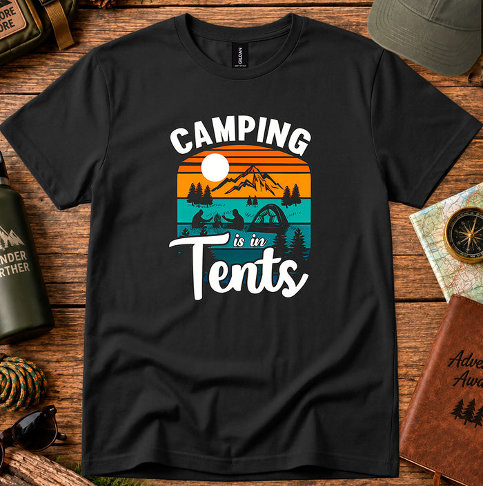 T-shirt featuring retro tents against a sunset and mountain ridge