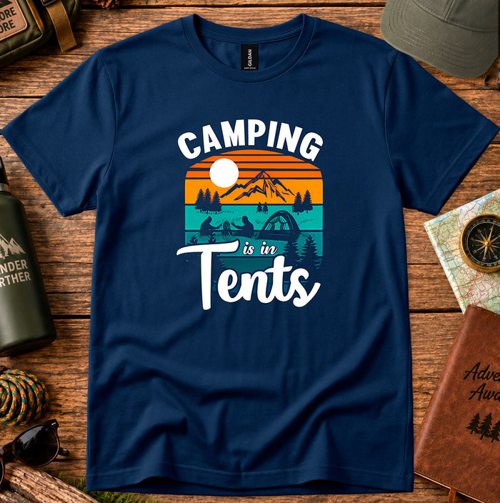 T-shirt featuring retro tents against a sunset and mountain ridge