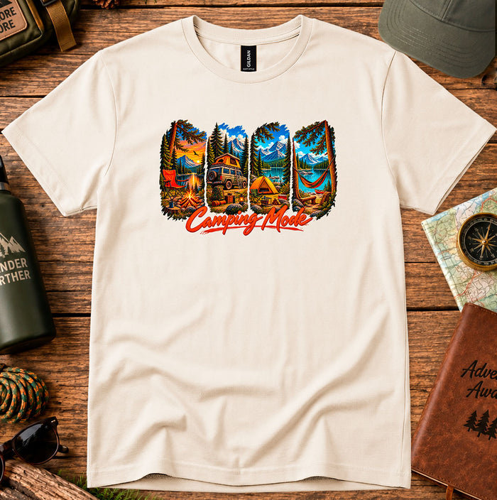 T-shirt featuring tents, a campfire, a hammock and a camper van