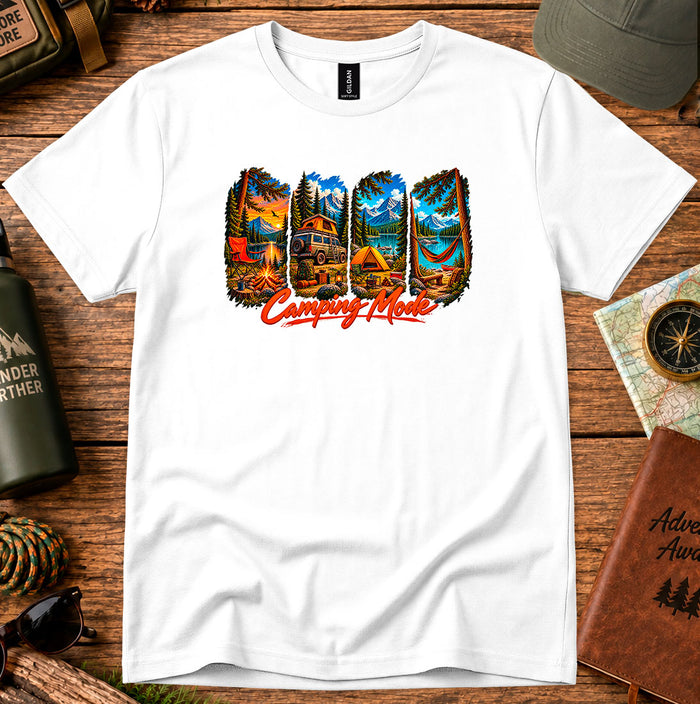 T-shirt featuring tents, a campfire, a hammock and a camper van