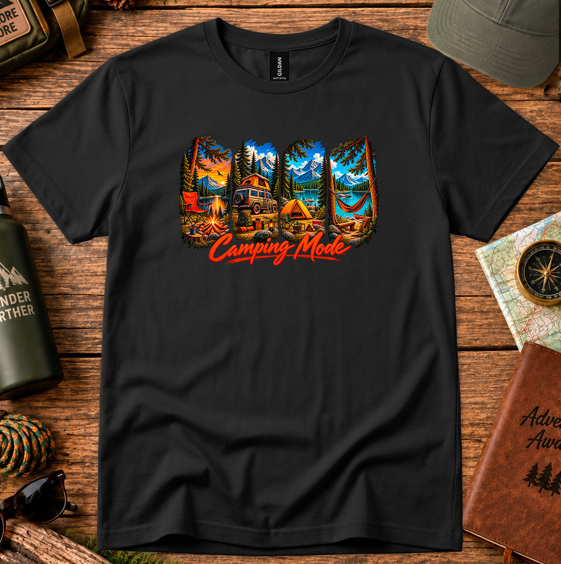 T-shirt featuring tents, a campfire, a hammock and a camper van