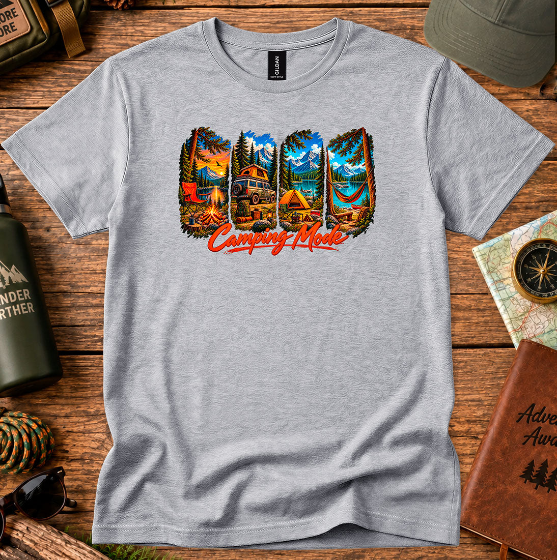 T-shirt featuring tents, a campfire, a hammock and a camper van