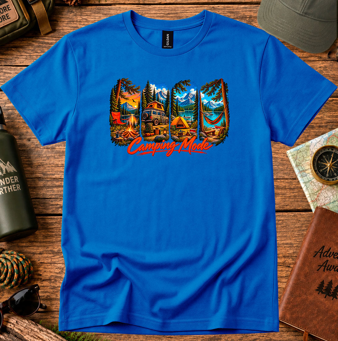 T-shirt featuring tents, a campfire, a hammock and a camper van