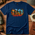 T-shirt featuring tents, a campfire, a hammock and a camper van