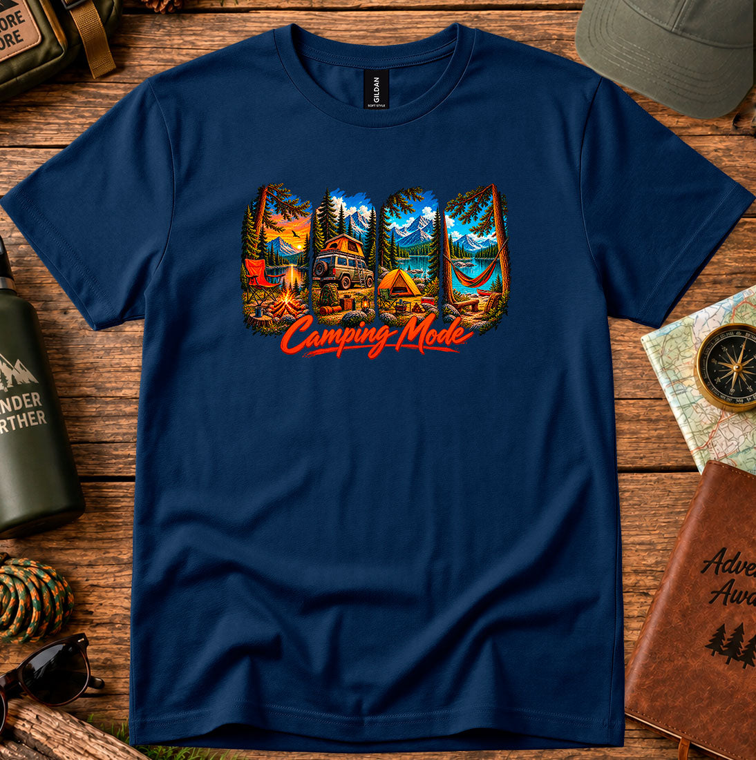 T-shirt featuring tents, a campfire, a hammock and a camper van