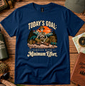 Today's Goal Minimum Effort T-shirt with a seated skeleton camper, tent, backpack, mountains and sunset