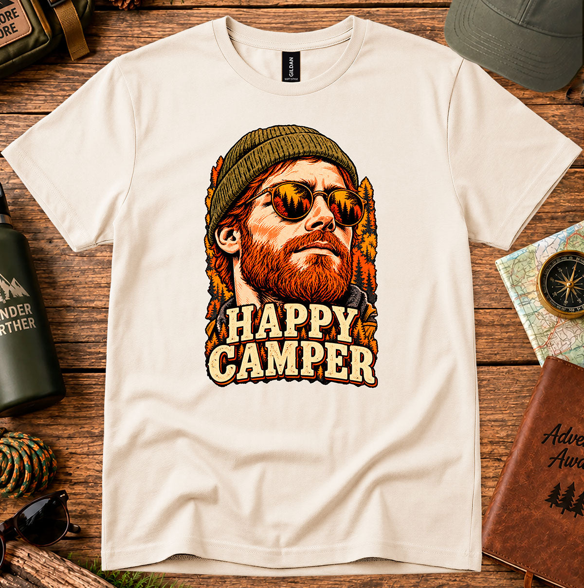 Happy Camper T-shirt featuring a vintage portrait framed by autumn foliage and bold lettering