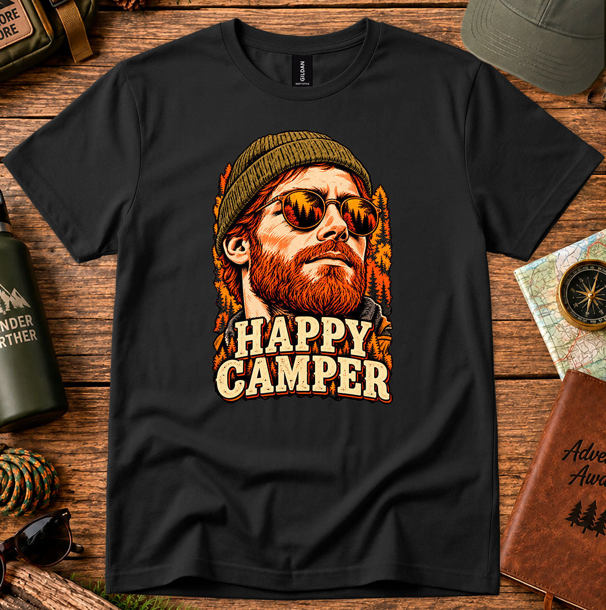 Happy Camper T-shirt featuring a vintage portrait framed by autumn foliage and bold lettering
