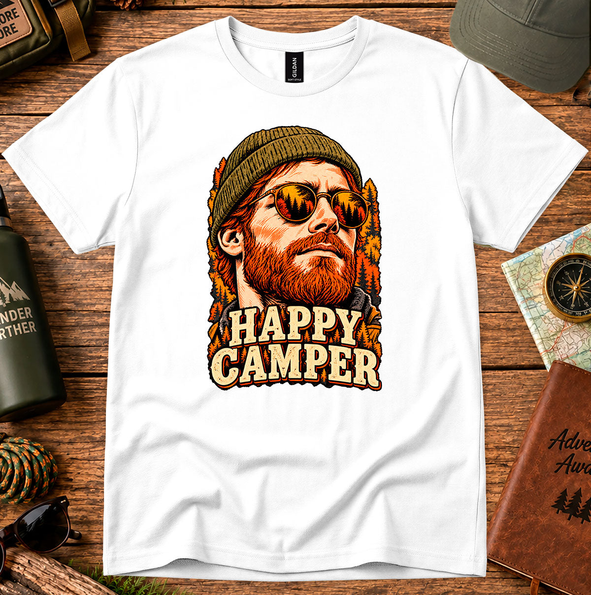 Happy Camper T-shirt featuring a vintage portrait framed by autumn foliage and bold lettering