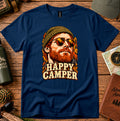 Happy Camper T-shirt featuring a vintage portrait framed by autumn foliage and bold lettering