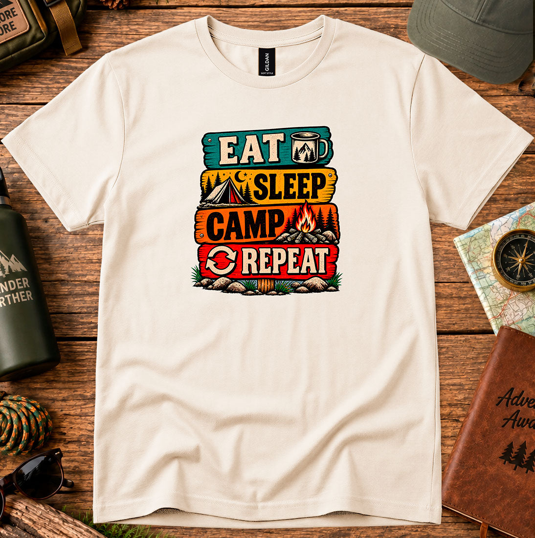 T-shirt featuring retro campsite signs reading Eat Sleep Camp Repeat