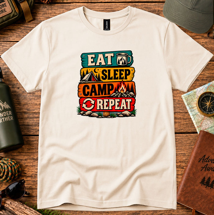 T-shirt featuring retro campsite signs reading Eat Sleep Camp Repeat