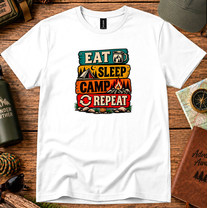 T-shirt featuring retro campsite signs reading Eat Sleep Camp Repeat