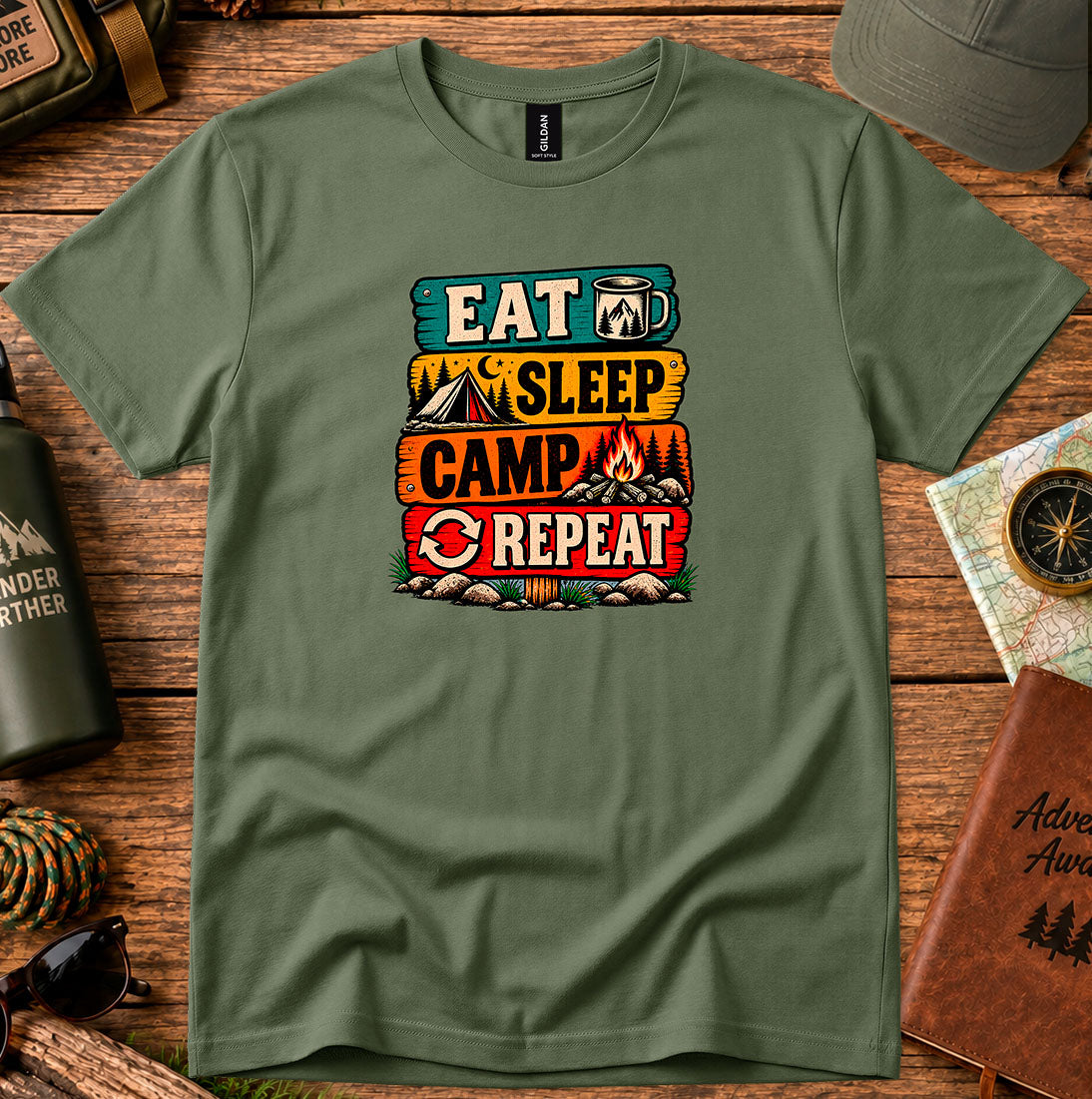 T-shirt featuring retro campsite signs reading Eat Sleep Camp Repeat
