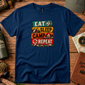 T-shirt featuring retro campsite signs reading Eat Sleep Camp Repeat
