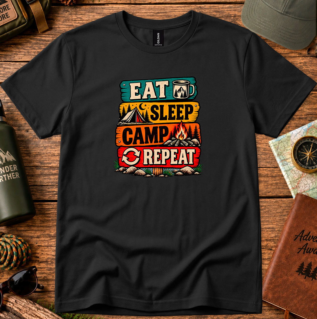 T-shirt featuring retro campsite signs reading Eat Sleep Camp Repeat