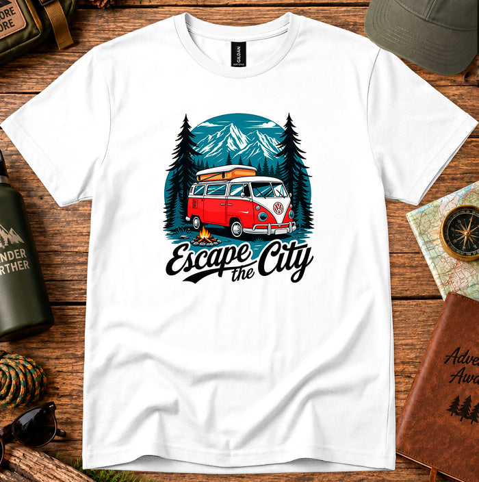 T-shirt featuring a vintage camper van framed by evergreens and mountains