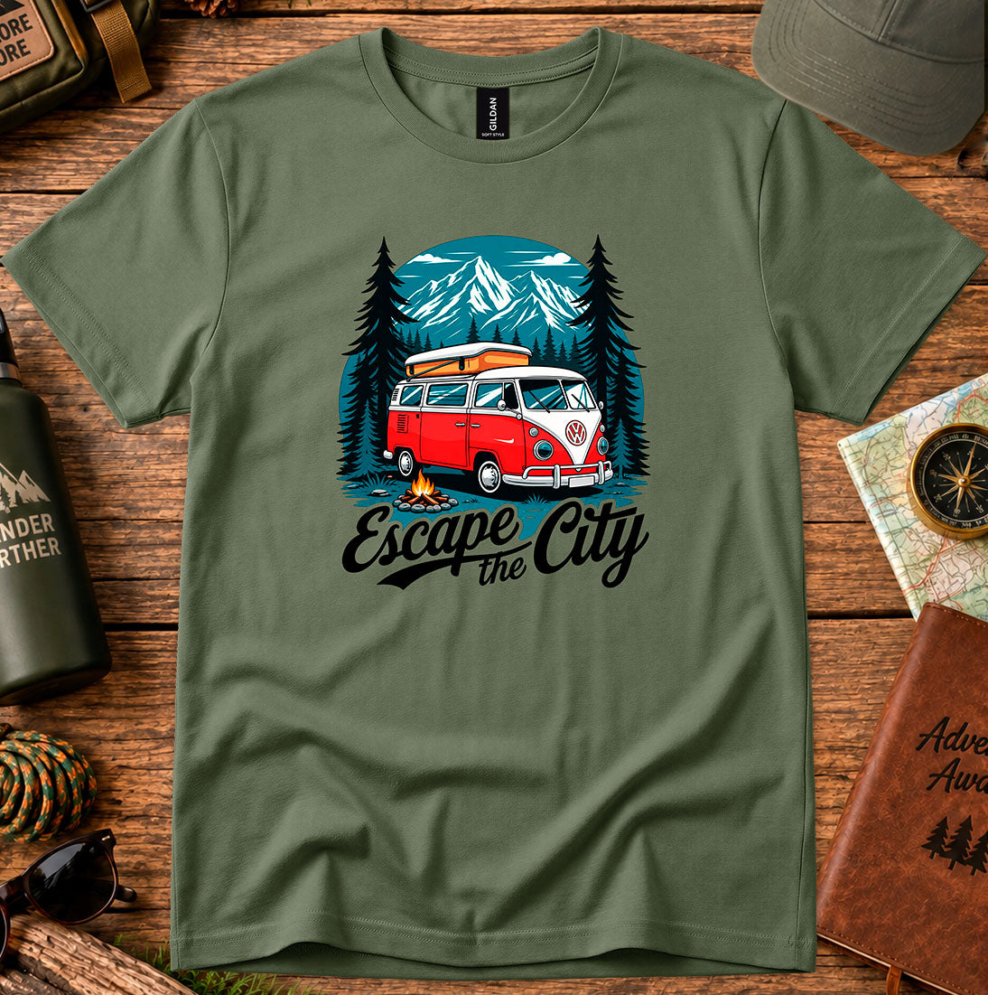 T-shirt featuring a vintage camper van framed by evergreens and mountains