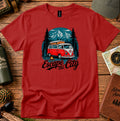 T-shirt featuring a vintage camper van framed by evergreens and mountains