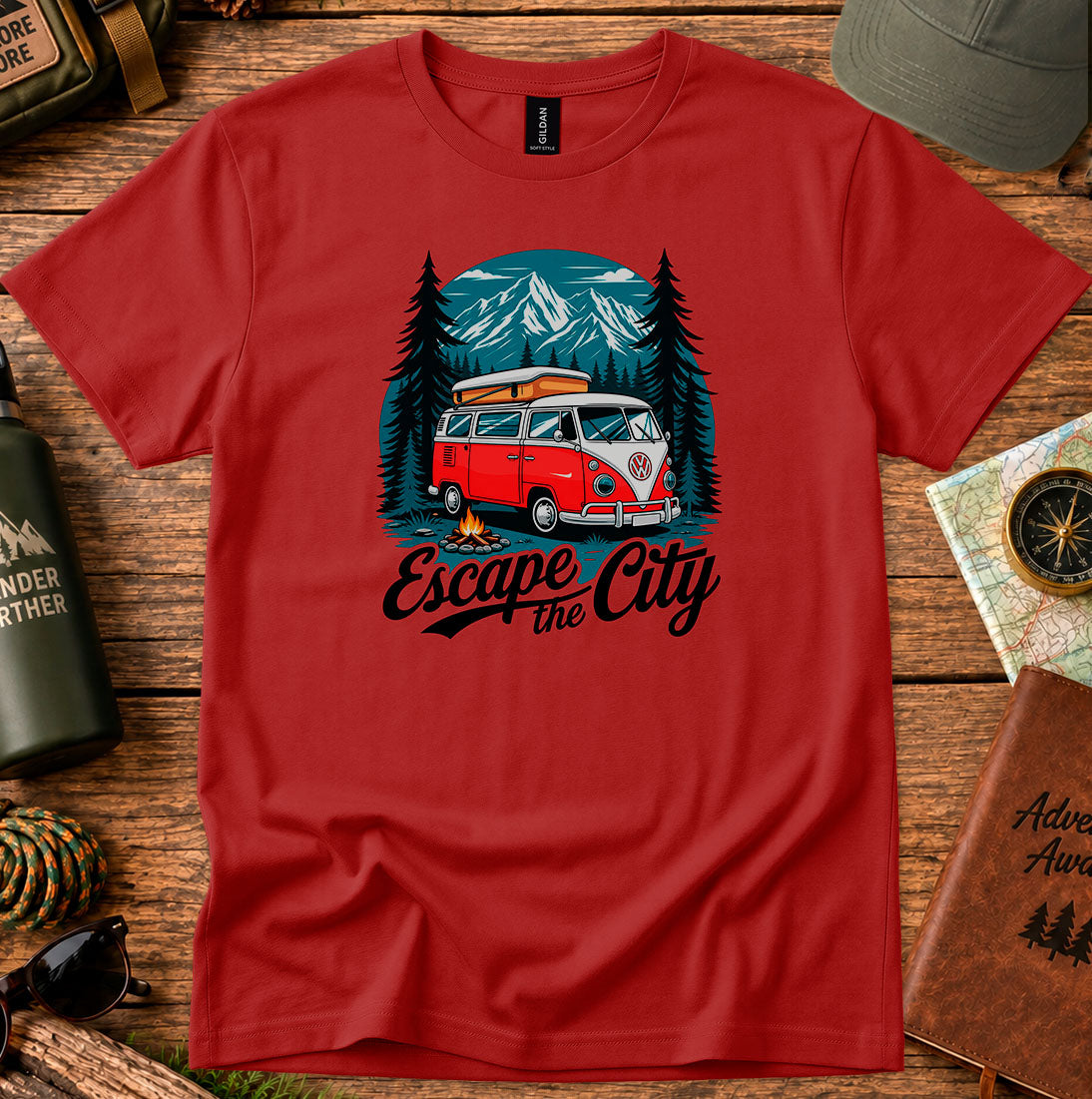 T-shirt featuring a vintage camper van framed by evergreens and mountains