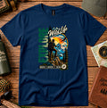 T-shirt featuring a hiker, pine forests and a mountain sunset with Explore lettering