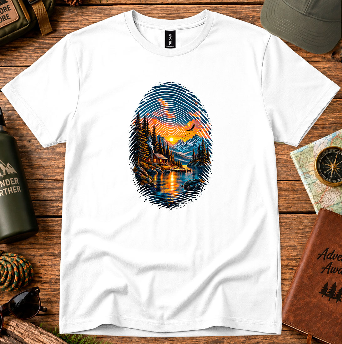 T-shirt featuring a fingerprint-shaped mountain landscape with a cabin and lake