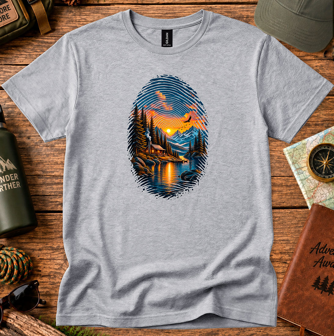 T-shirt featuring a fingerprint-shaped mountain landscape with a cabin and lake